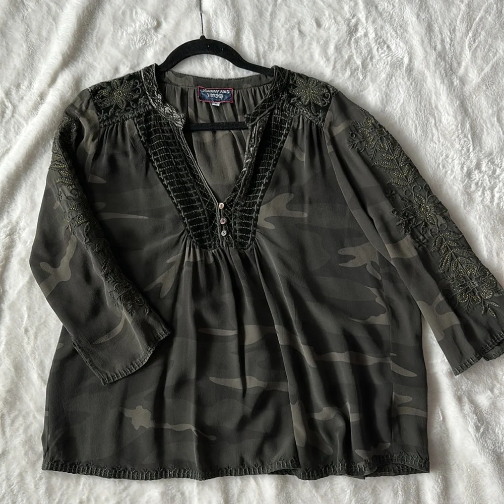Johnny Was Silk Camo Blouse - Picture 1 of 9